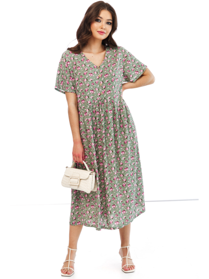 Платье "Жаркое лето" (олива, розовые цветы) П2335
