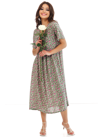 Платье "Жаркое лето" (олива, розовые цветы) П2335